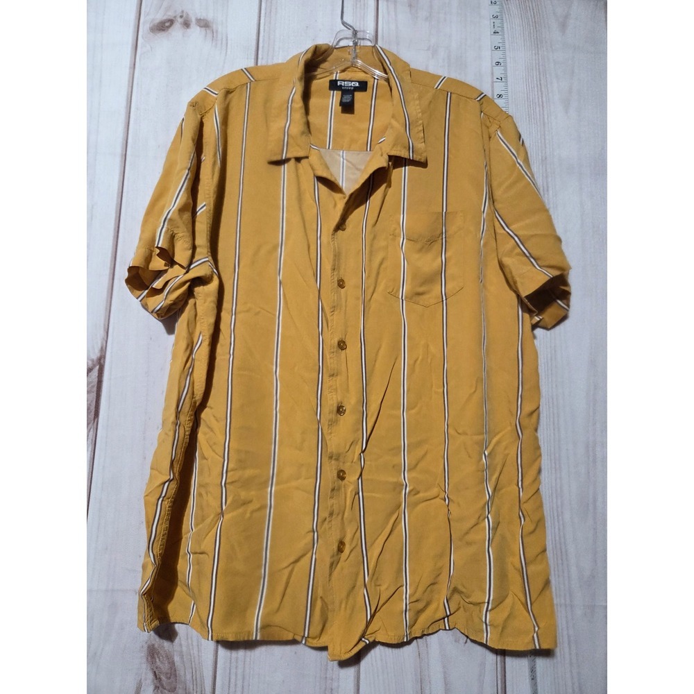 RSQ Women Mustard Yellow Vertical Stripe Rayon Short Sleeve Button Down Shirt XL